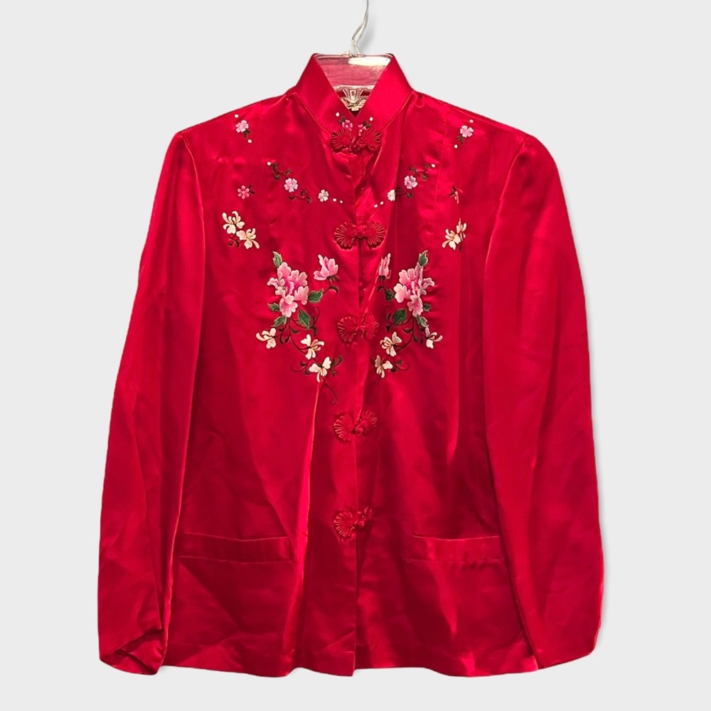 Red Clouds 60s Vintage Jacket Hand Embroidered Floral Asian Chinese Sz 36